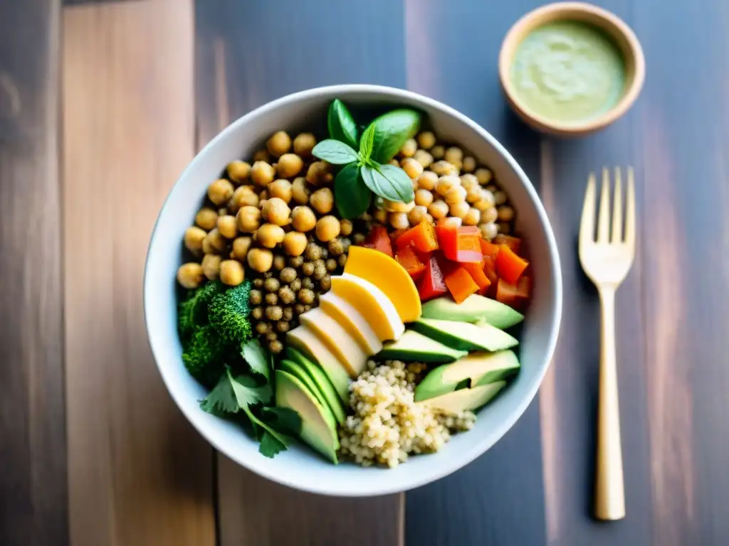 Un apetitoso bowl de Buddha con proteínas sin gluten alternativas, decorado con ingredientes frescos y coloridos sobre fondo de madera rústica