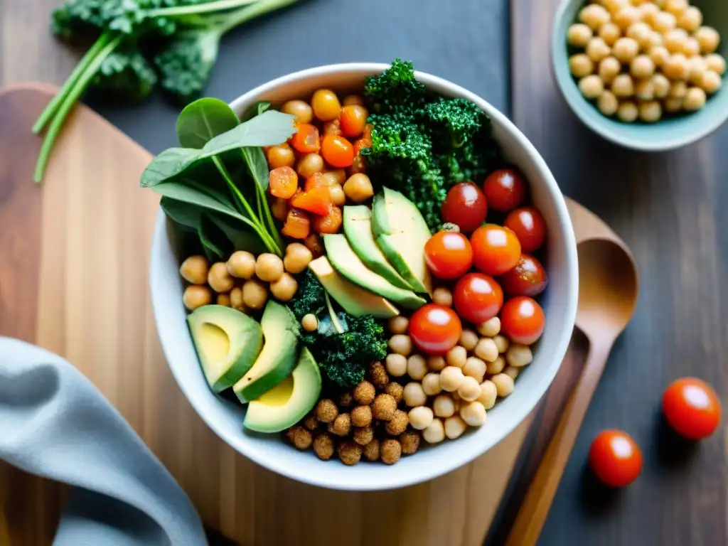 Un apetitoso bowl budista con proteínas alternativas sin gluten innovadoras, sobre una mesa de madera rústica