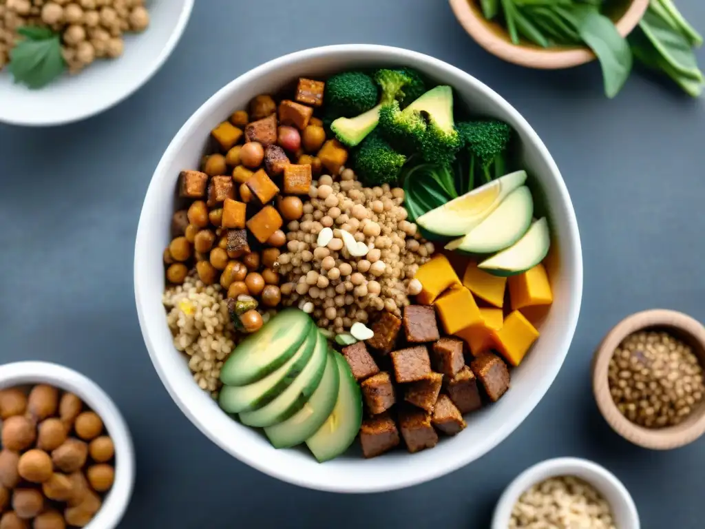 Un apetitoso bowl vegano con sustitutos de carne sin gluten, lleno de color y sabor