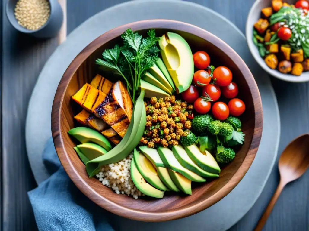 Un apetitoso Buddha bowl colorido con ingredientes frescos y nutritivos, ideal para atletas