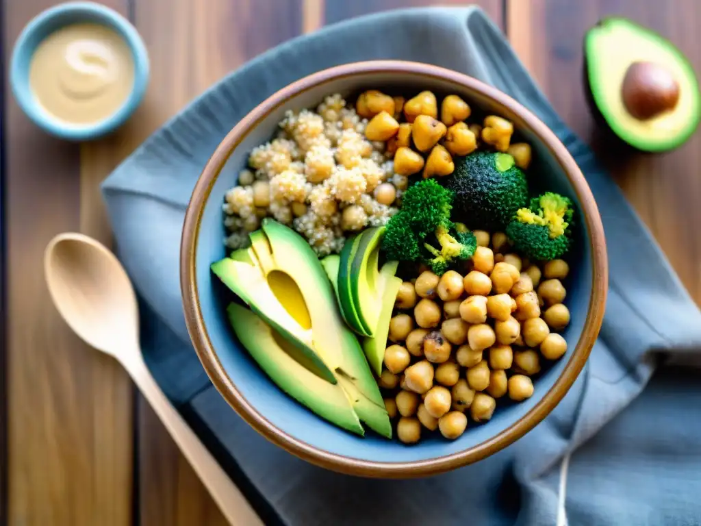 Un apetitoso Buddha bowl sin gluten con quinoa, vegetales asados, aguacate, garbanzos y aderezo de tahini