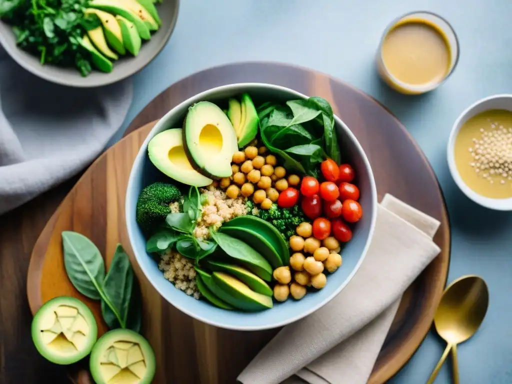 Un apetitoso Buddha bowl vegano sin gluten fácilmente preparado, lleno de colores y frescura, en una mesa rústica con agua de limón