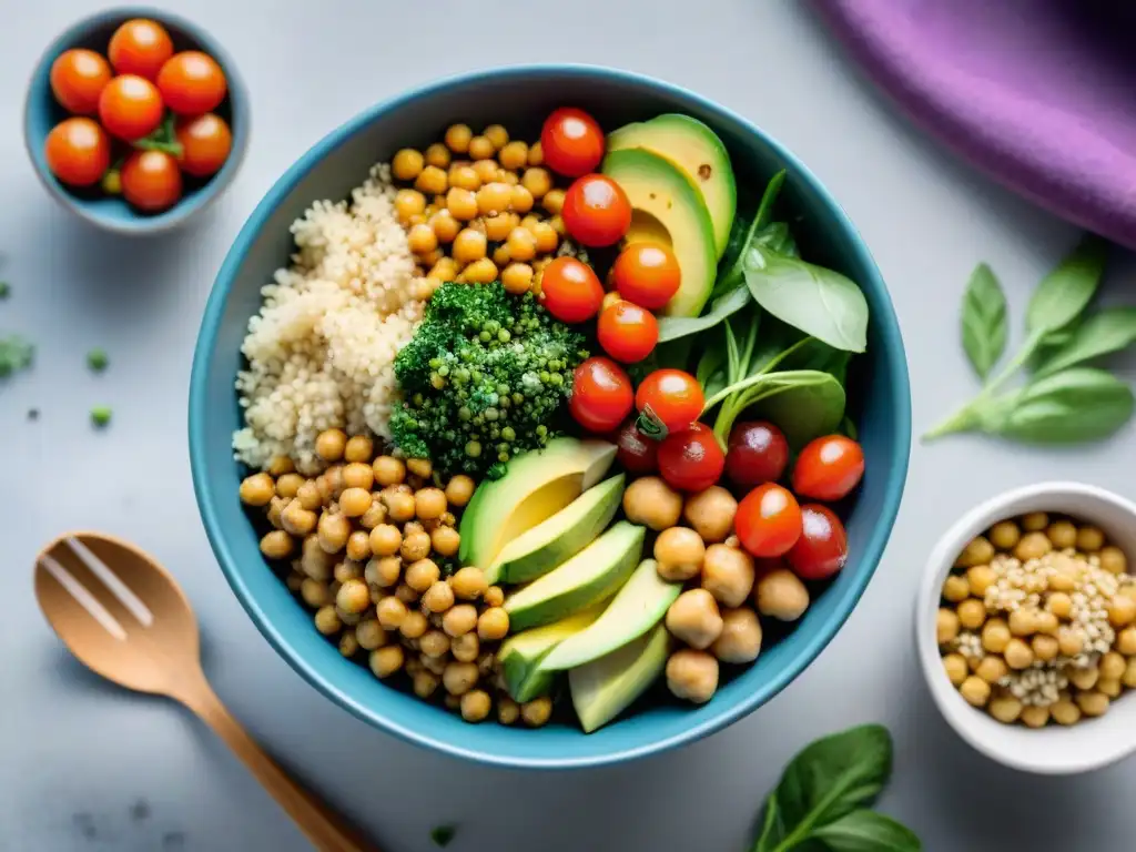 Un apetitoso y colorido bowl vegano con sustituir carne sin gluten sabrosa