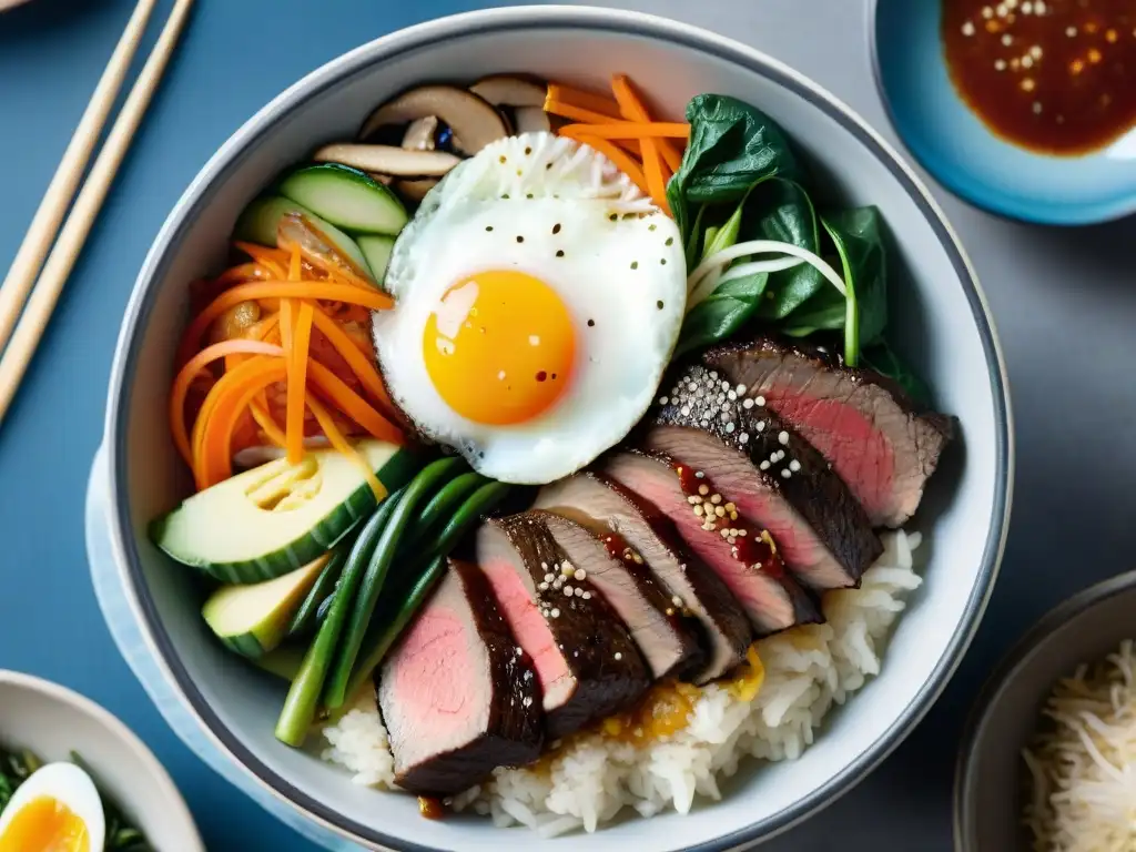 Un apetitoso y detallado plato de Bibimbap sin gluten: coloridas verduras frescas, arroz, huevo frito, carne y salsa picante