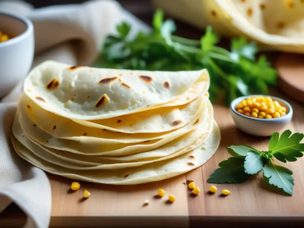 Apiladas tortillas sin gluten recetas flexibles, color dorado, textura suave, cilantro fresco y maíz