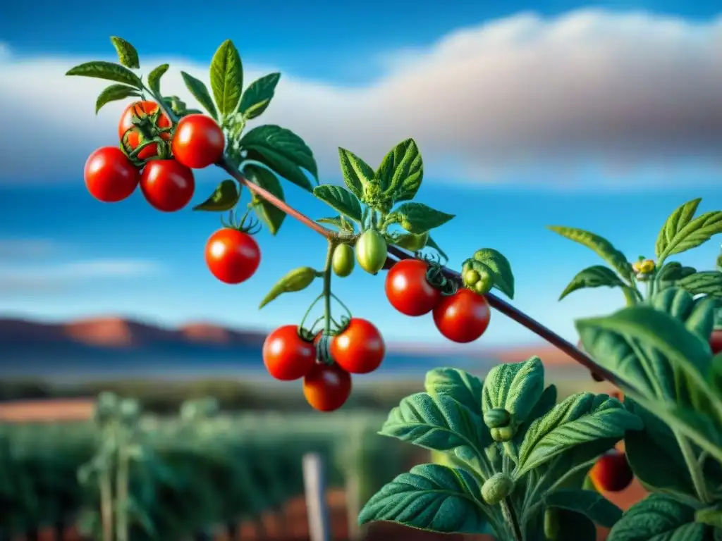 Un arbusto de tomate australiano vibrante con frutos maduros, en el Outback bajo cielo azul