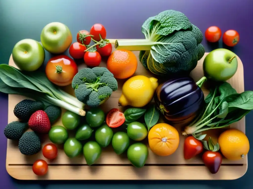 Un arcoíris de frutas y verduras frescas en una tabla de cortar de madera, con gotas de agua brillantes