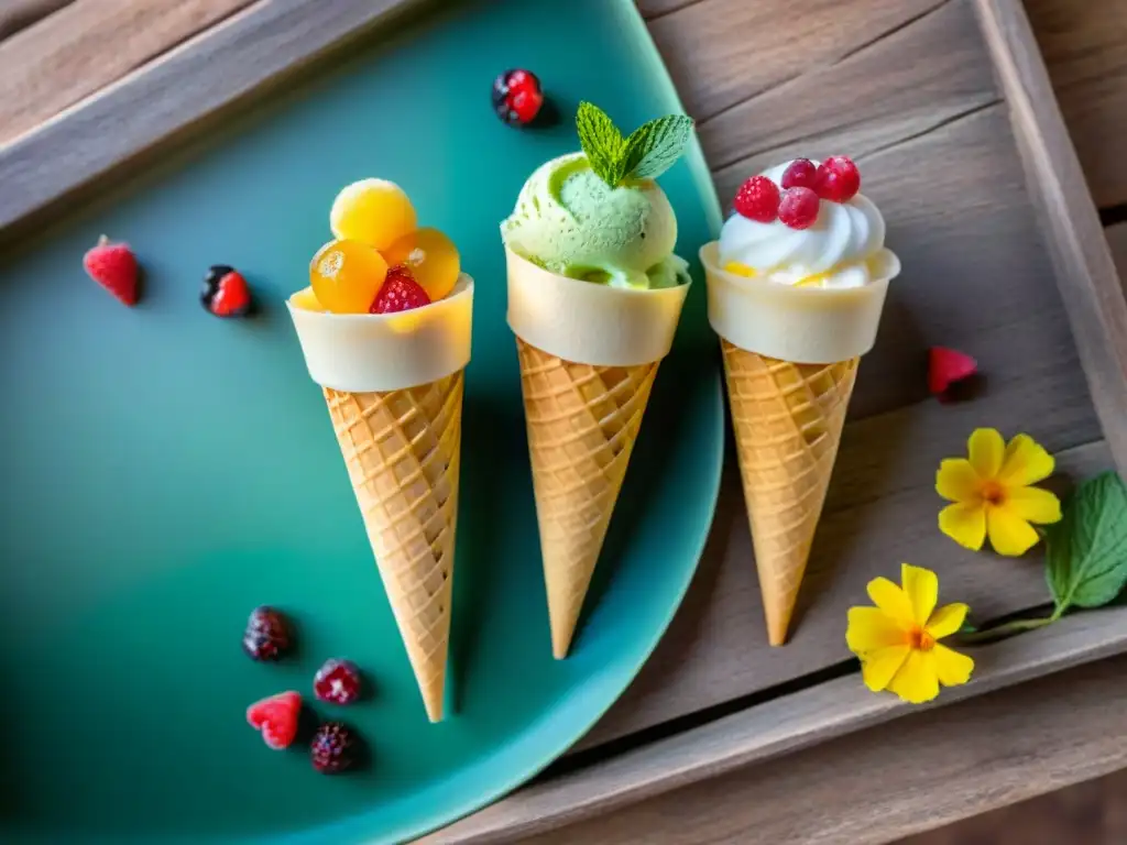 Arcoíris de helados sin gluten verano en mesa rústica, bañados en frutas y decorados con bayas y flores comestibles bajo el cálido sol