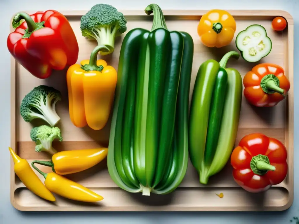 Un arcoíris de vegetales frescos sobre tabla de cortar, reflejando luz natural