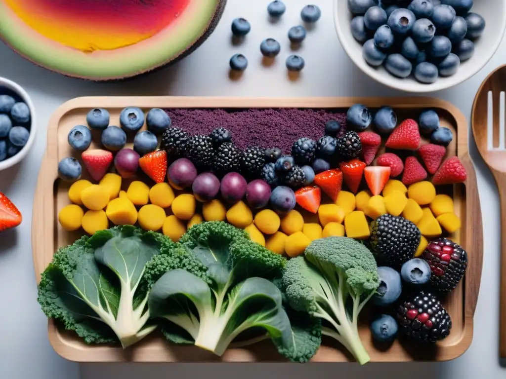 Un arcoíris vibrante de superalimentos sin gluten, dispuestos con elegancia en una tabla de madera