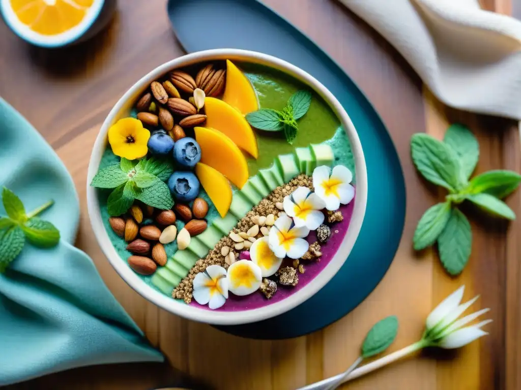 Armonía de Smoothie Bowls sin Gluten veganos con frutas, semillas y flores comestibles en mesa de madera