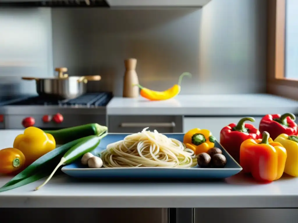 Una armoniosa fusión de ingredientes asiáticos frescos y coloridos en una cocina moderna