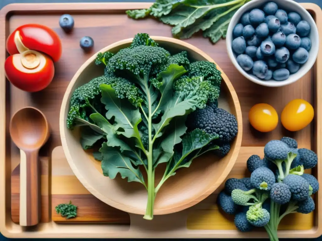 Arreglo vibrante de superalimentos en tabla de madera: kale, arándanos, quinoa, chía y bayas goji