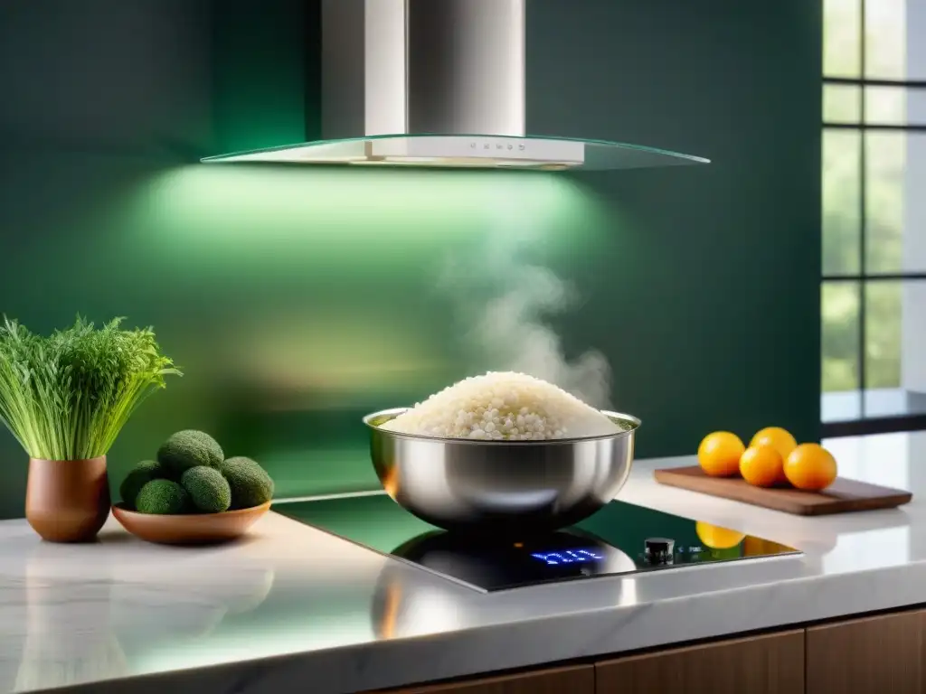 Un arrocero moderno y elegante para cocina sin gluten en una encimera de mármol, iluminado con calidez