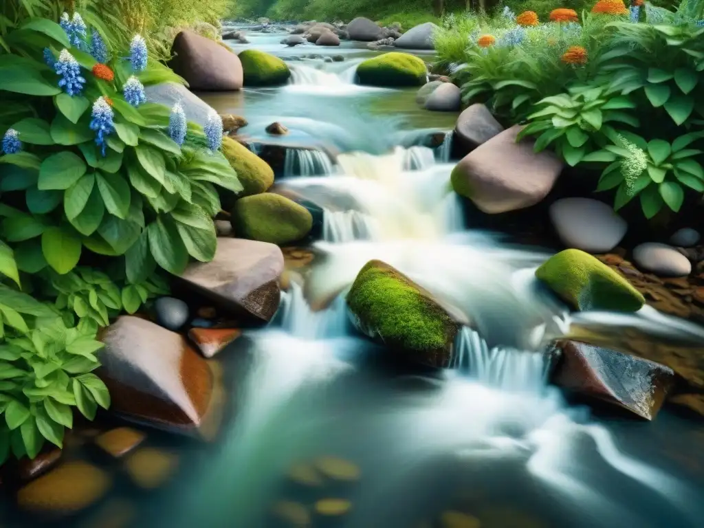 Un arroyo de montaña cristalino y vibrante fluye sobre rocas lisas, con gotas de agua brillando al sol