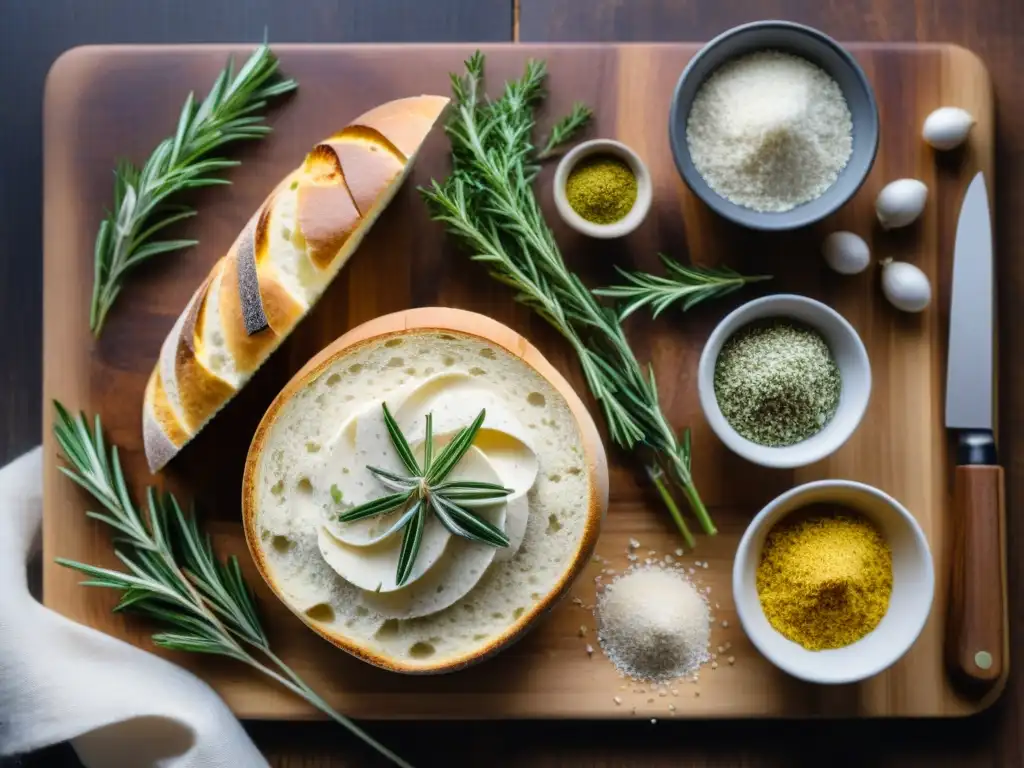 Arte culinario con ingredientes para panes fermentados sin gluten en tabla de madera