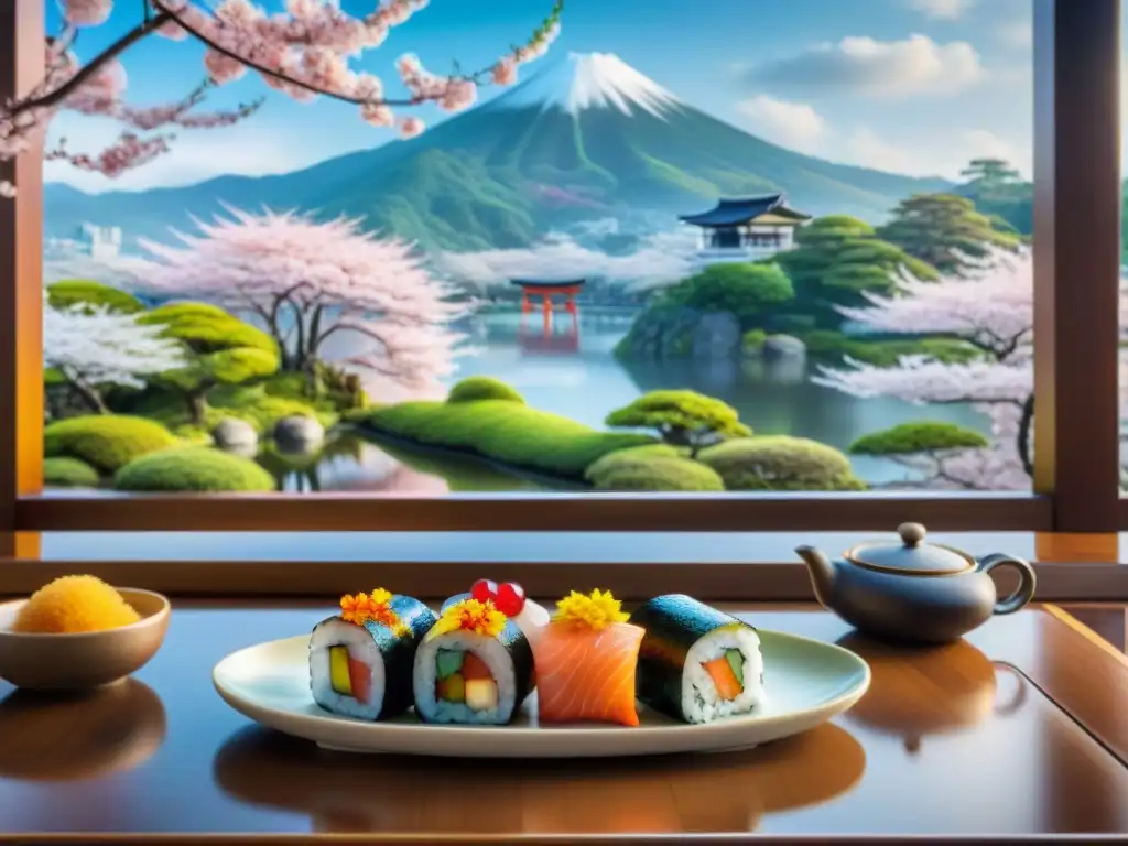 Arte culinario japonés sin gluten: paisaje sereno con cerezos en flor, casa de té y sushi