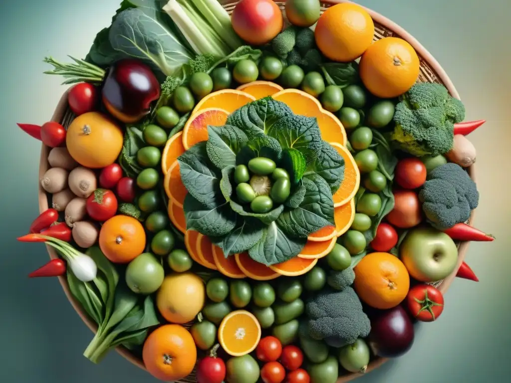 Arte mandala con frutas y verduras frescas en colores vibrantes, ilustrando mindfulness alimentación sin gluten salud