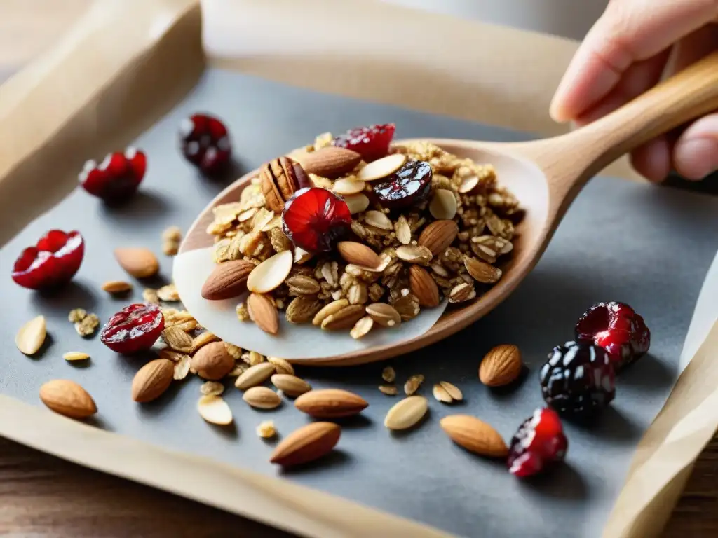 Preparación artesanal de granola casera sin gluten en cocina rústica