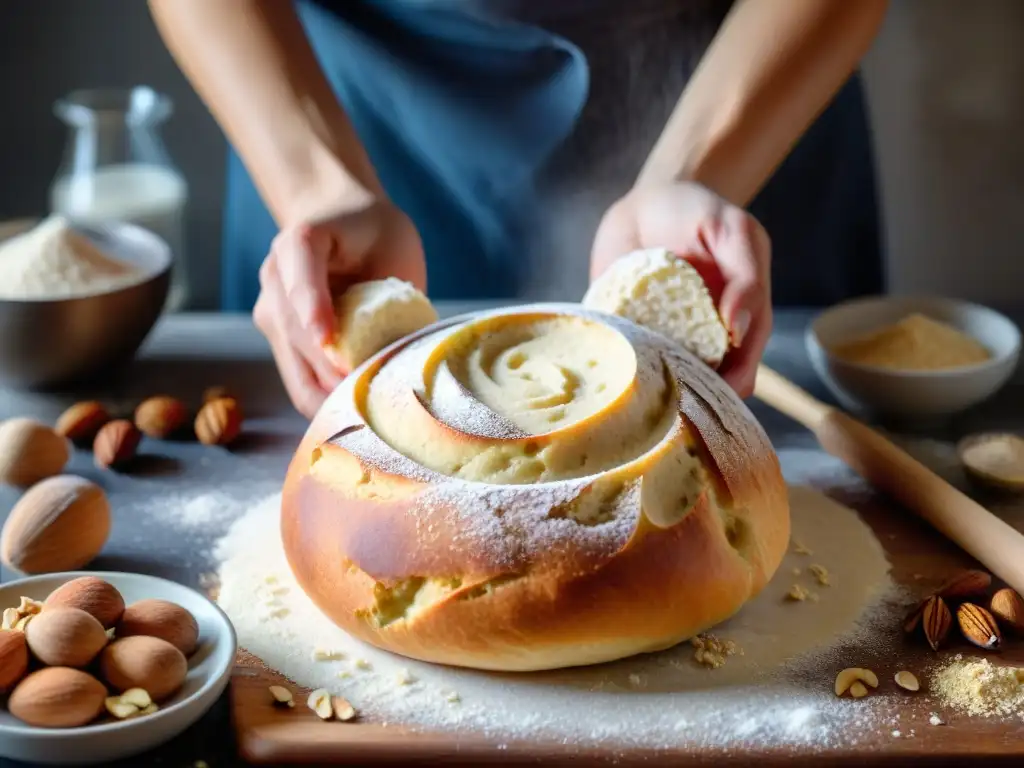 Preparación artesanal de receta pan dulce sin gluten, con ingredientes y manos amasando sobre encimera de madera