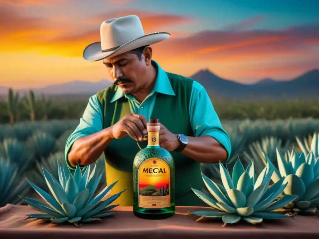 Artesano mexicano elaborando mezcal sin gluten bajo el cielo colorido al atardecer entre agaves