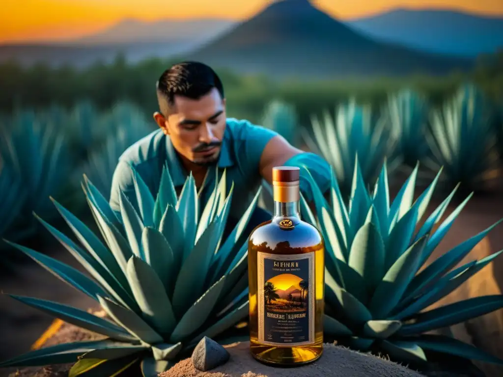 Artesano mexicano elaborando mezcal sin gluten entre plantas de agave al atardecer