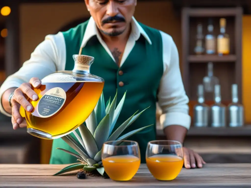 Un artesano mexicano vierte mezcal en un vaso, mostrando su color ámbar y detalles de agave, en una destilería rústica