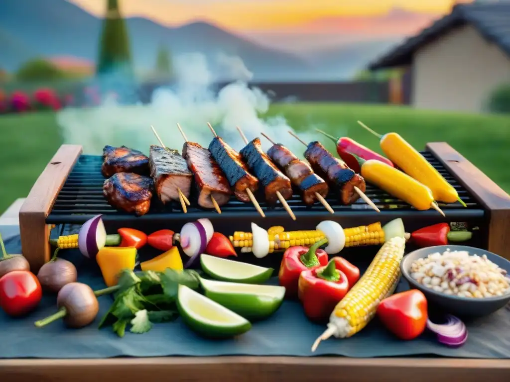 Delicioso asado latino: carnes marinadas y vegetales sobre brasas Un asado latino sin gluten delicioso: variedad de carnes y vegetales sobre parrilla, humo y atardecer vibrante en jardín festivo