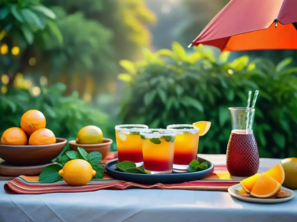Mesas de asado latino: bebidas sin gluten en jardín soleado Un asado latino sin gluten delicioso, con bebidas coloridas y frescas en un entorno vibrante al atardecer