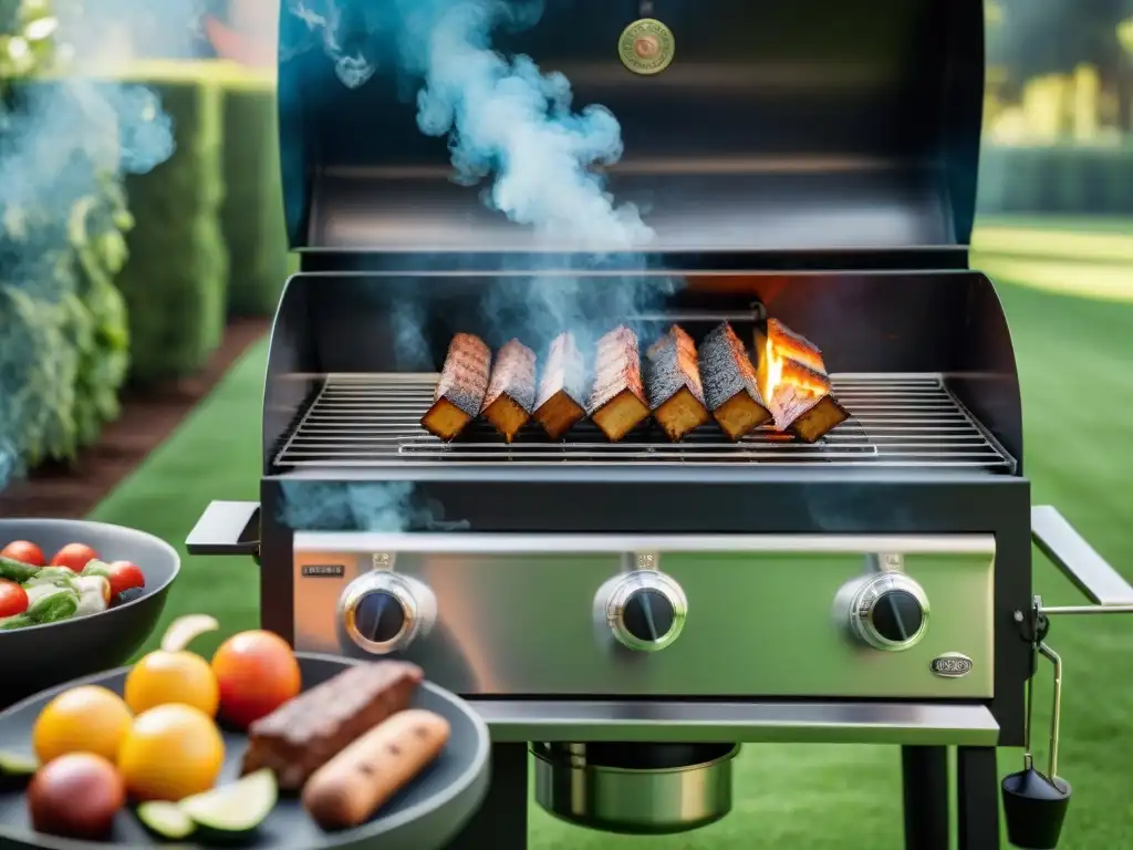 Un asador reluciente de acero inoxidable en un jardín verde, con humo y detalles realistas