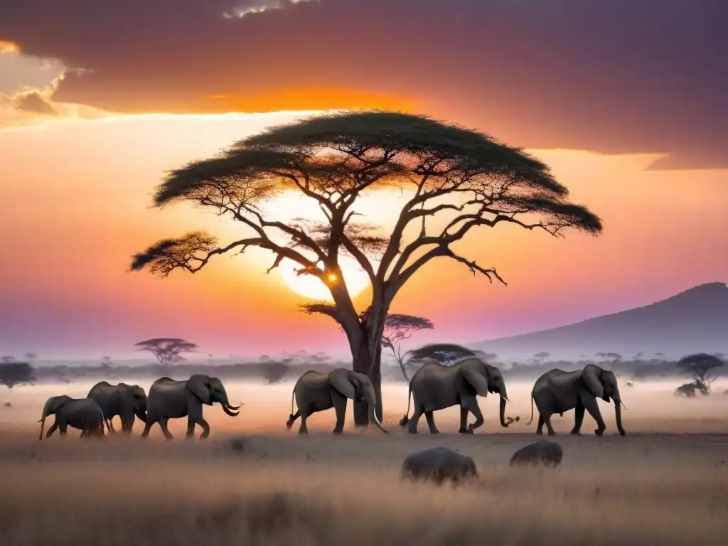 Un atardecer africano majestuoso sobre la sabana, elefantes pastando y leones descansando bajo un árbol