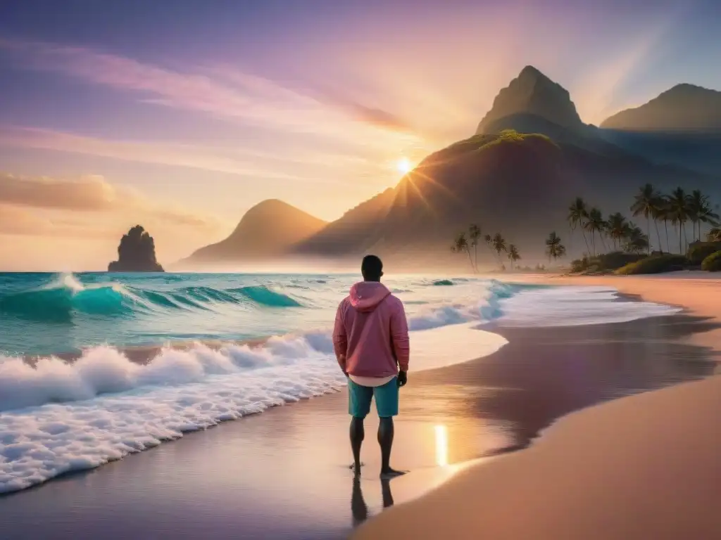 Un atardecer mágico en una playa serena con palmeras, agua turquesa y montañas al fondo