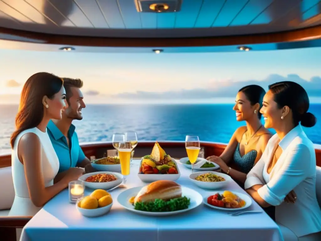 Un atardecer sereno en cubierta de crucero, con pasajeros disfrutando cena sin gluten