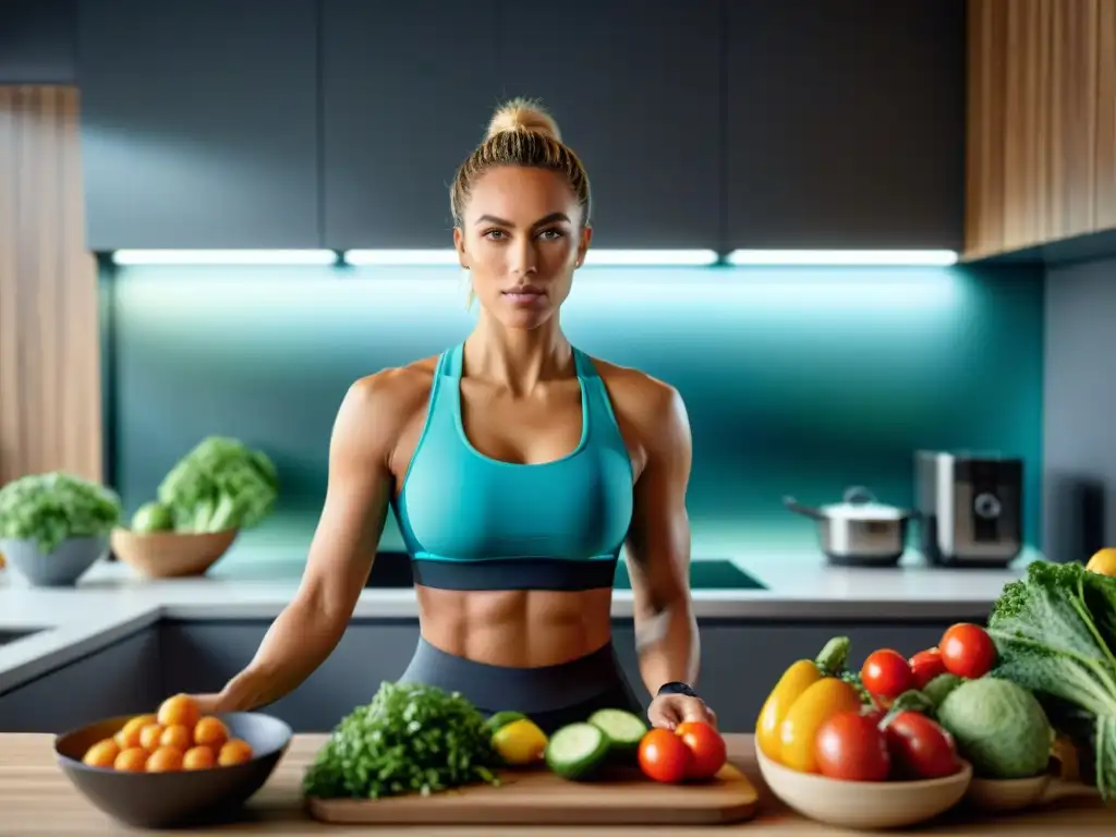 Una atleta prepara una comida saludable en una cocina moderna y bien equipada, mostrando una dieta sin gluten y deporte