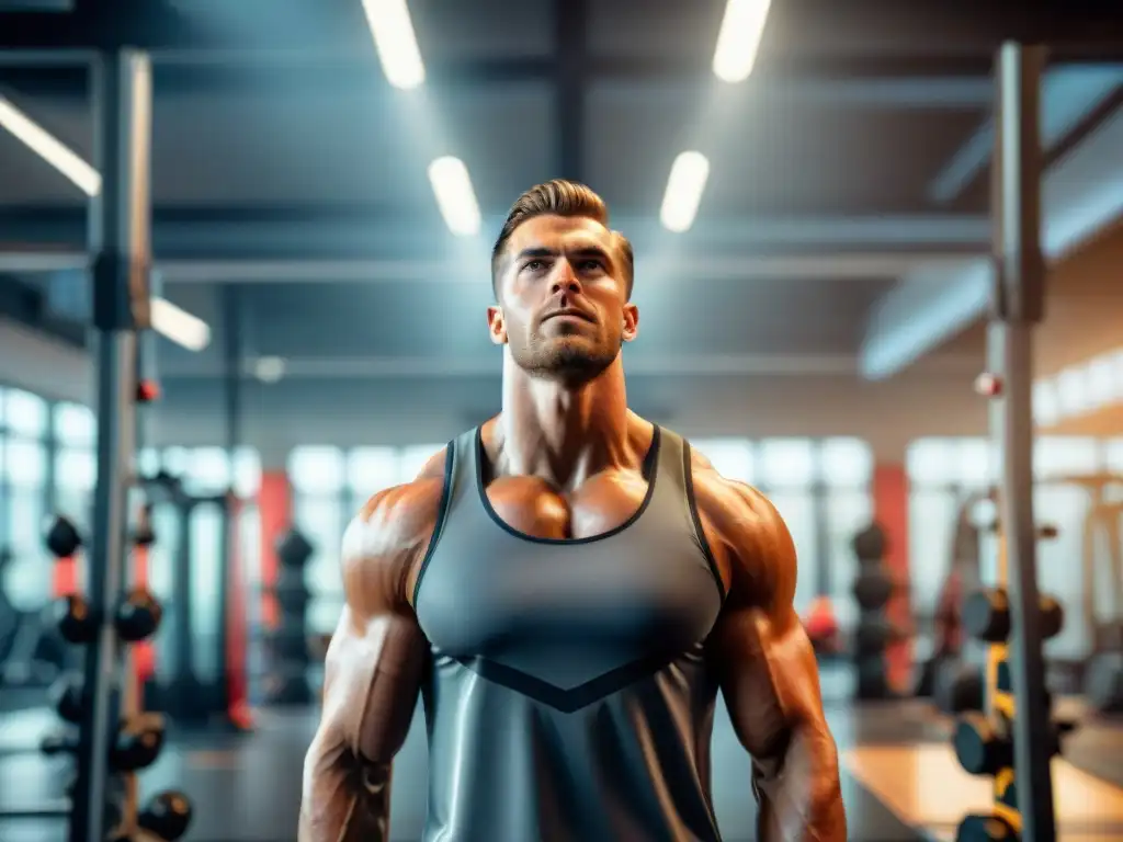 Un atleta dedicado se esfuerza al límite en un gimnasio de última generación, con la piel brillante de sudor