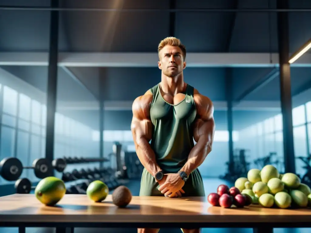 Un atleta de élite se enfoca intensamente en su entrenamiento rodeado de productos orgánicos sin gluten en un gimnasio moderno y soleado