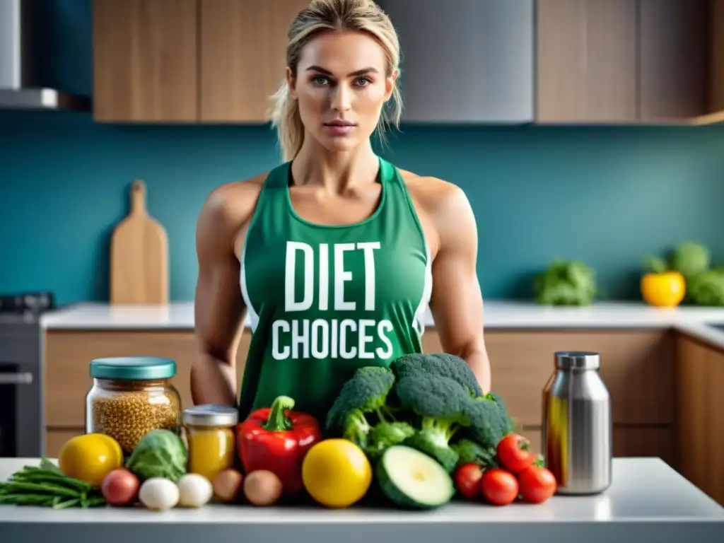 Atleta enfocado preparando comida balanceada sin gluten en cocina moderna, destacando precisión en nutrición para rendimiento deportivo