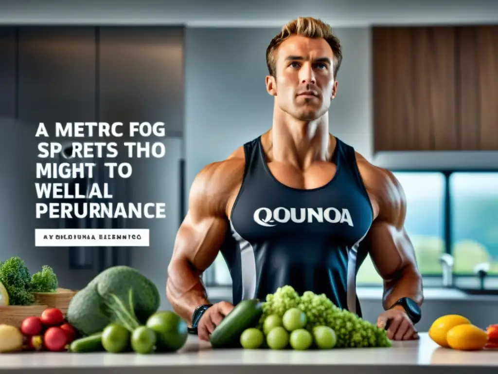 Preparación de comida glutenfree: atleta enfocado en cocina moderna Un atleta enfocado preparando una comida sin gluten en una cocina moderna y luminosa, rodeado de ingredientes frescos y coloridos