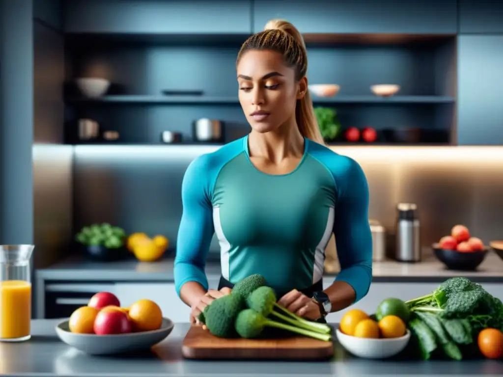 Preparación de comida sin gluten: atleta enfocado en cocina saludable Un atleta enfocado preparando una comida saludable sin gluten en una cocina moderna y luminosa
