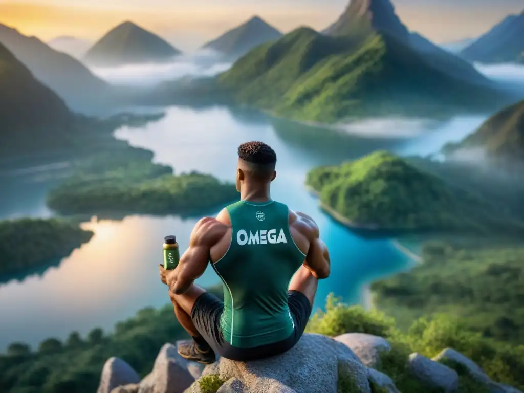 Atleta musculoso en la cima de la montaña al amanecer con Omega 3 sin gluten beneficios