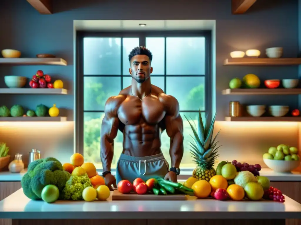 Un atleta musculoso prepara una comida sin gluten en una cocina colorida y vibrante, mostrando vitalidad y determinación