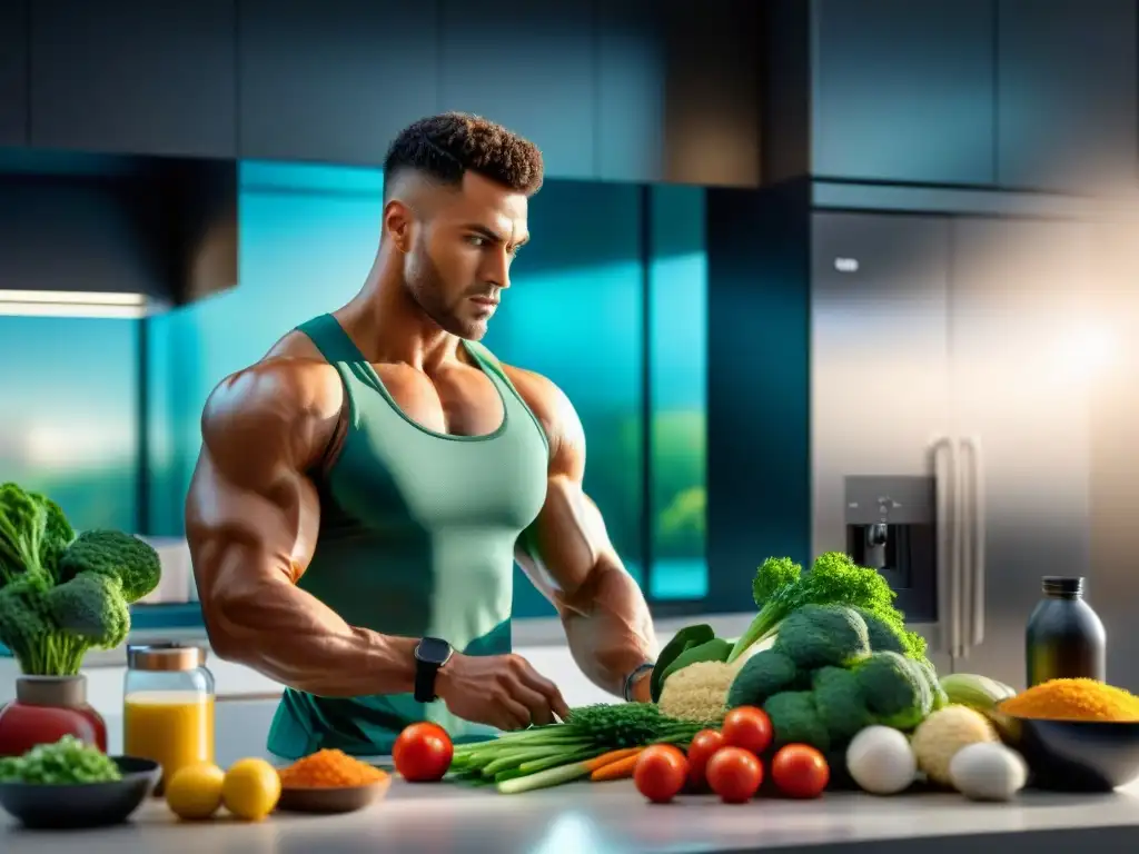 Un atleta musculoso prepara una comida sin gluten en una cocina moderna y luminosa, rodeado de ingredientes frescos y coloridos