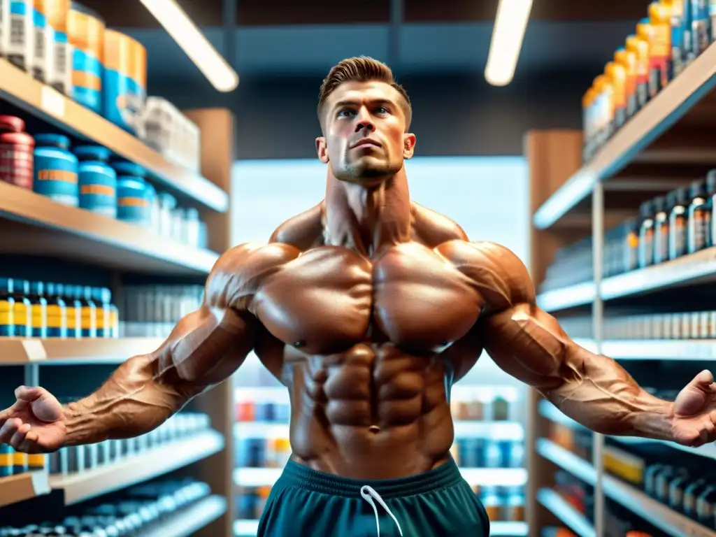 Un atleta musculoso levanta pesas en una tienda de suplementación deportiva sin gluten, rodeado de productos vibrantes y soleados