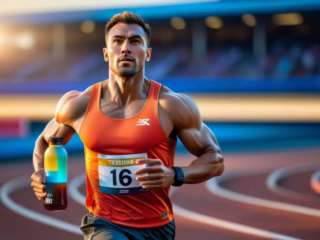 Un atleta musculoso se ejercita intensamente en una pista con un atardecer dorado, sosteniendo una bebida de electrolitos sin gluten