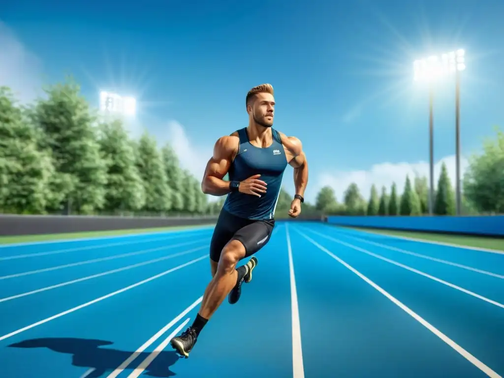 Corredor potente en sprint, escena inspiradora en pista Un atleta musculoso en plena carrera, con determinación y fuerza, en un escenario deportivo moderno y vibrante
