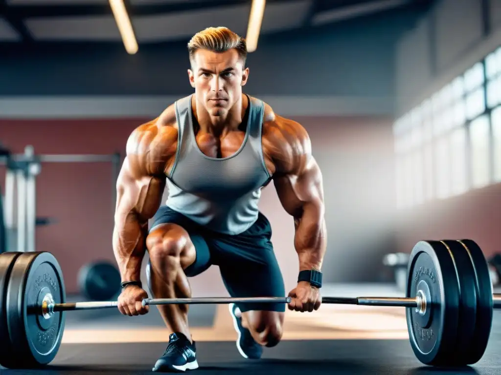 Un atleta musculoso en pleno entrenamiento, con gel energético sin gluten y caféina, transmite fuerza y energía