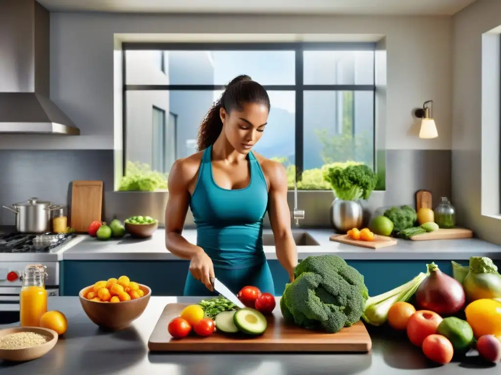 Un atleta ocupado preparando una saludable receta sin gluten en una cocina moderna y equipada