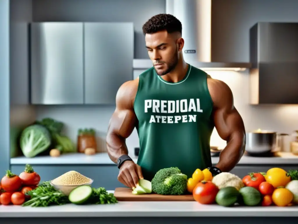 Un atleta profesional enfocado preparando una comida sin gluten en una cocina moderna