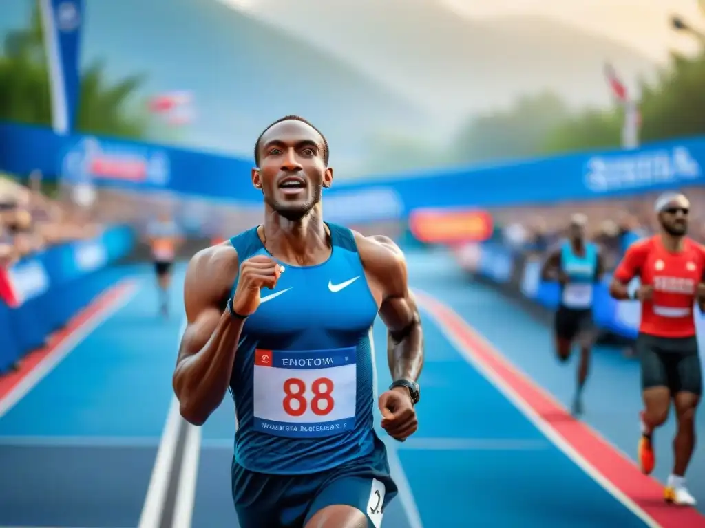 Un atleta profesional cruza la meta en una maratón, reflejando éxito y determinación