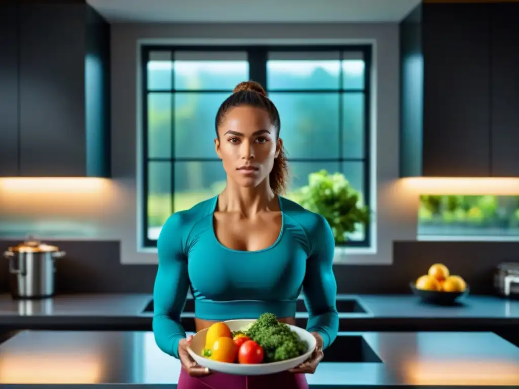 Una atleta profesional con determinación, sosteniendo un plato de alimentos sin gluten para deportistas en una cocina moderna y luminosa